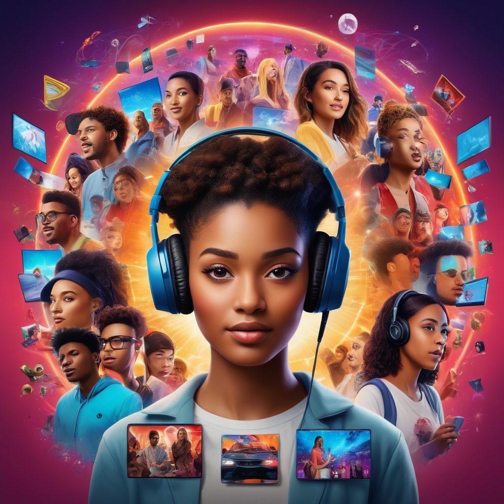 A dynamic collage showcasing diverse people engaging with various forms of entertainment and media, surrounded by digital icons representing community, such as social media symbols, streaming devices, and musical notes. Incorporate lively interactions, colorful screens, and a sense of connectivity among individuals. Emphasize a vibrant and modern aesthetic, illustrating the blend of entertainment and community in the digital world. super-realistic. vibrant colors. 3D.