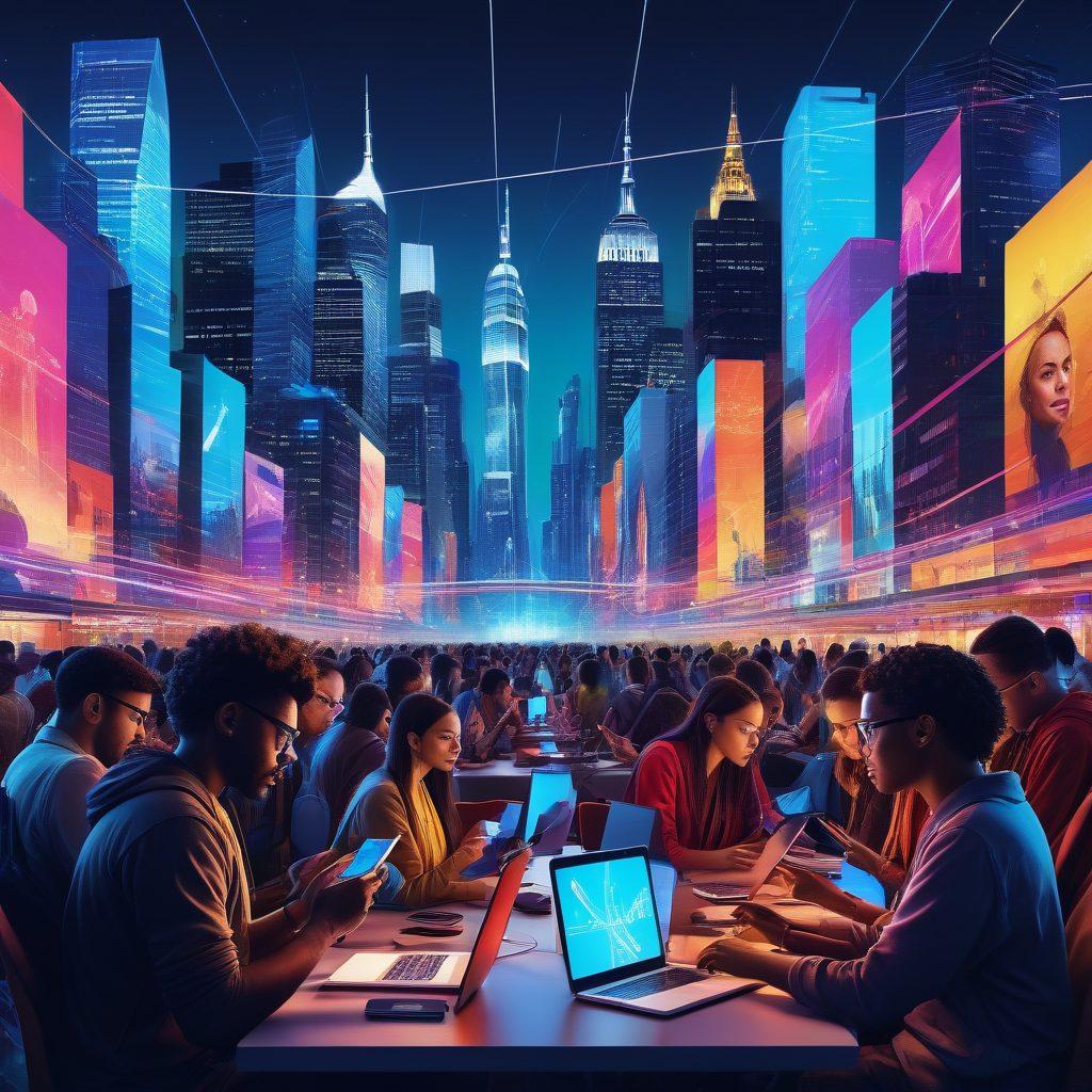 A vibrant collage of diverse individuals engaging with various screens, such as smartphones, tablets, and laptops, symbolizing connection through technology. In the background, incorporate silhouettes of a city skyline and elements representing different cultures, showcasing the global nature of modern communities. Bright colors and dynamic lines should evoke a sense of energy and interaction. super-realistic. vibrant colors. 3D.
